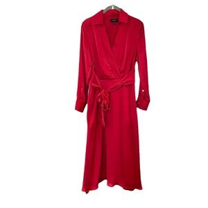 Tahari ASL Hammered Satin Faux Wrap Belt Tie Shirt Collared Midi Dress Red Sz 2